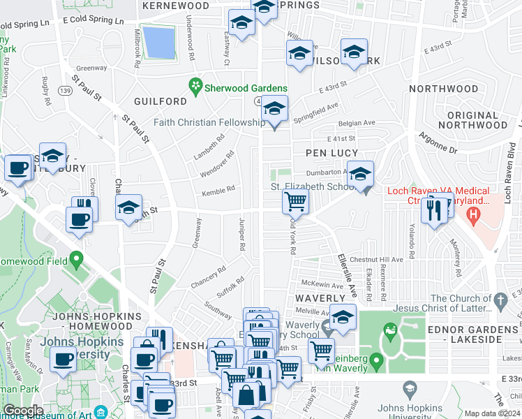 map of restaurants, bars, coffee shops, grocery stores, and more near Greenmount Ave & E 39th St in Baltimore