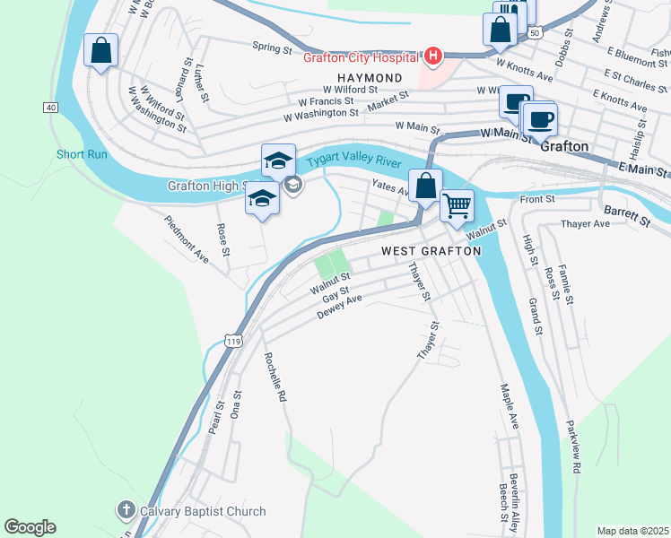 map of restaurants, bars, coffee shops, grocery stores, and more near 431 Walnut Street in Grafton