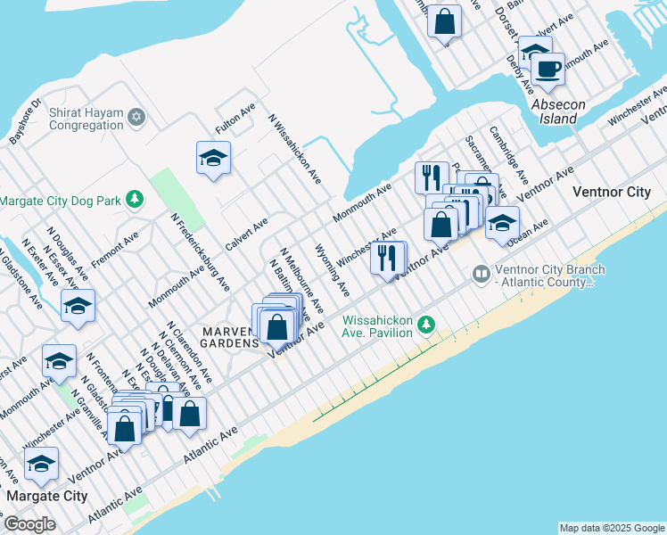 map of restaurants, bars, coffee shops, grocery stores, and more near 19 North Lafayette Avenue in Ventnor City