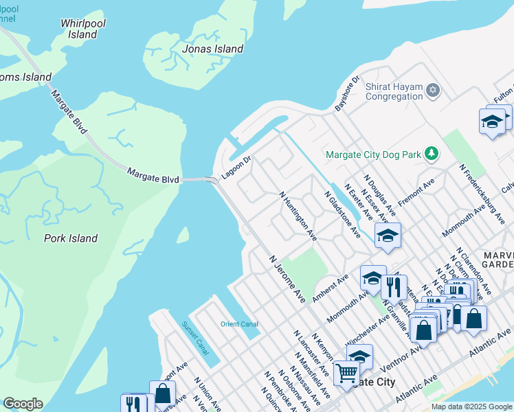 map of restaurants, bars, coffee shops, grocery stores, and more near 8212 Marshall Avenue in Margate City