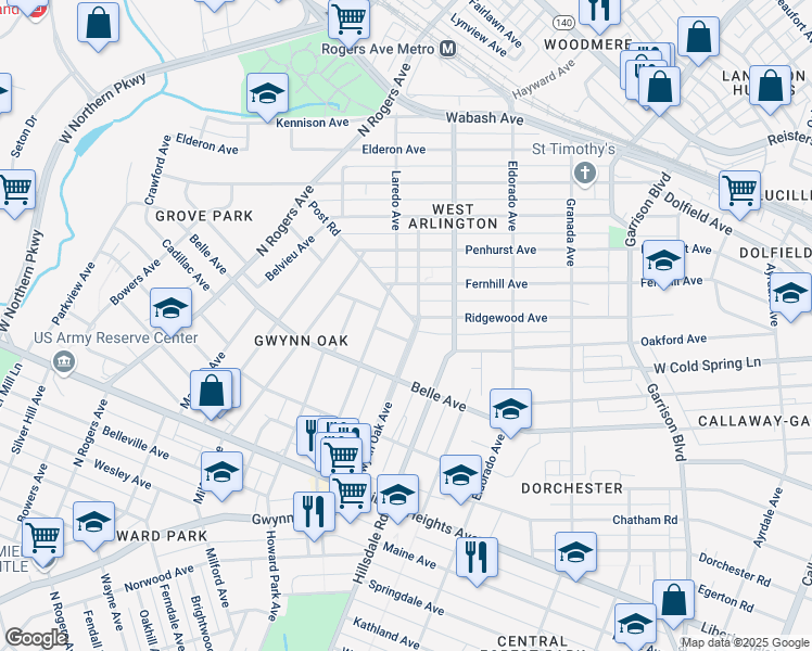map of restaurants, bars, coffee shops, grocery stores, and more near 3814 Elmdale Avenue in Baltimore