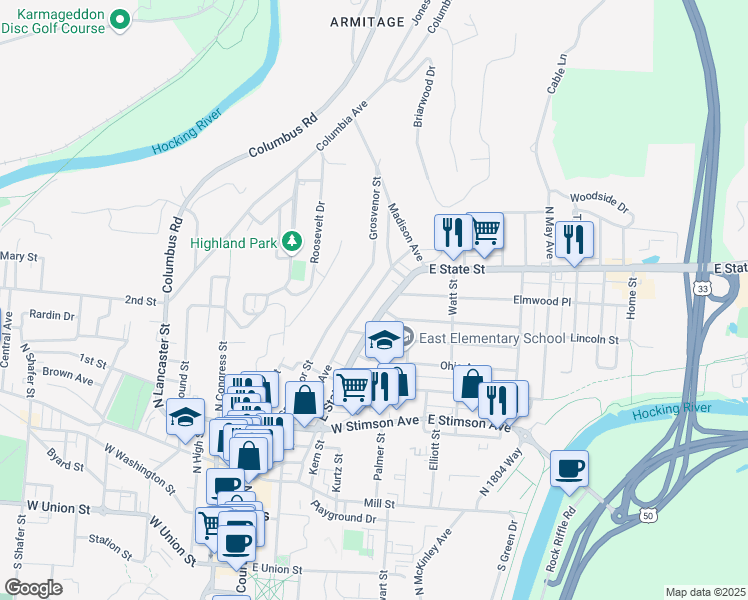map of restaurants, bars, coffee shops, grocery stores, and more near 221E East State Street in Athens