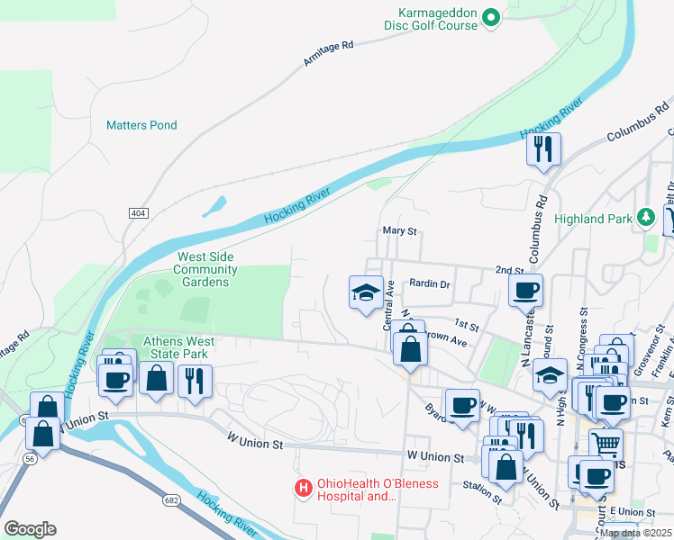 map of restaurants, bars, coffee shops, grocery stores, and more near 336 West State Street in Athens