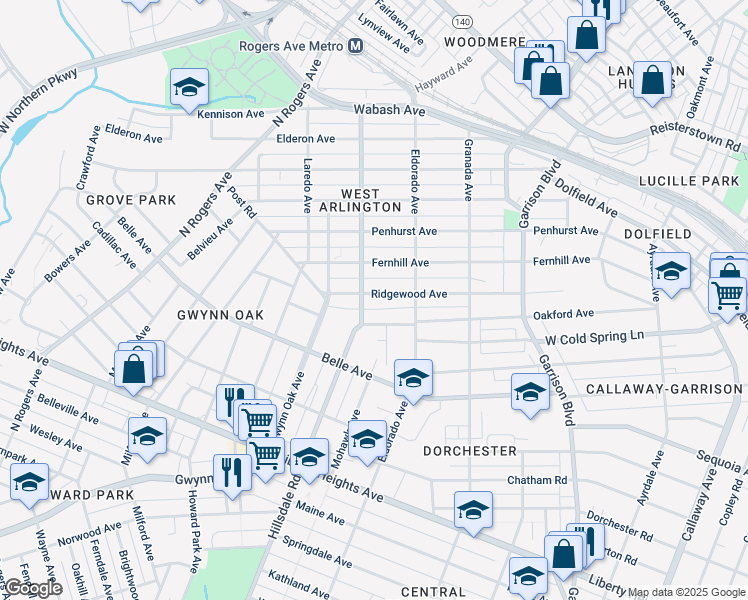 map of restaurants, bars, coffee shops, grocery stores, and more near 4219 Ridgewood Avenue in Baltimore