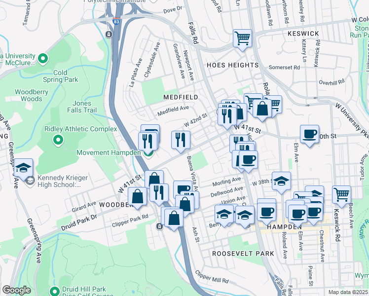 map of restaurants, bars, coffee shops, grocery stores, and more near 1401 Weldon Place South in Baltimore