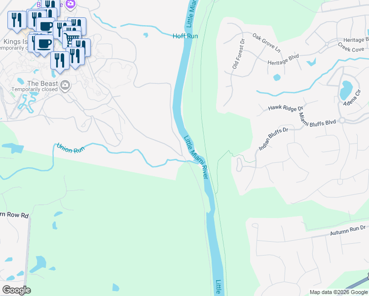 map of restaurants, bars, coffee shops, grocery stores, and more near 6912 Kings Mills Road in Maineville