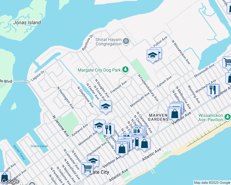 map of restaurants, bars, coffee shops, grocery stores, and more near 303 North Delavan Avenue in Margate City