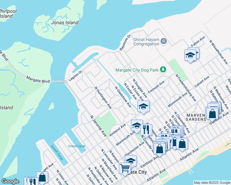 map of restaurants, bars, coffee shops, grocery stores, and more near 17 West Gilmar Circle in Margate City