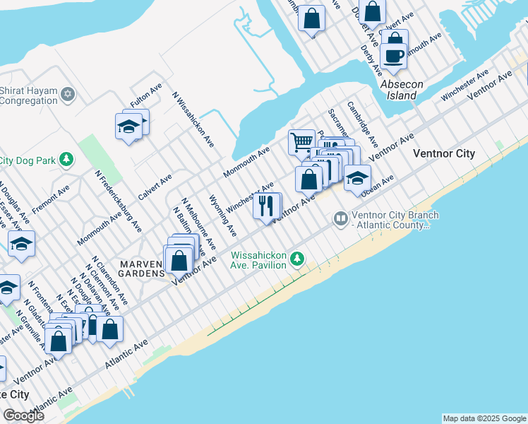 map of restaurants, bars, coffee shops, grocery stores, and more near 9 North Wissahickon Avenue in Ventnor City