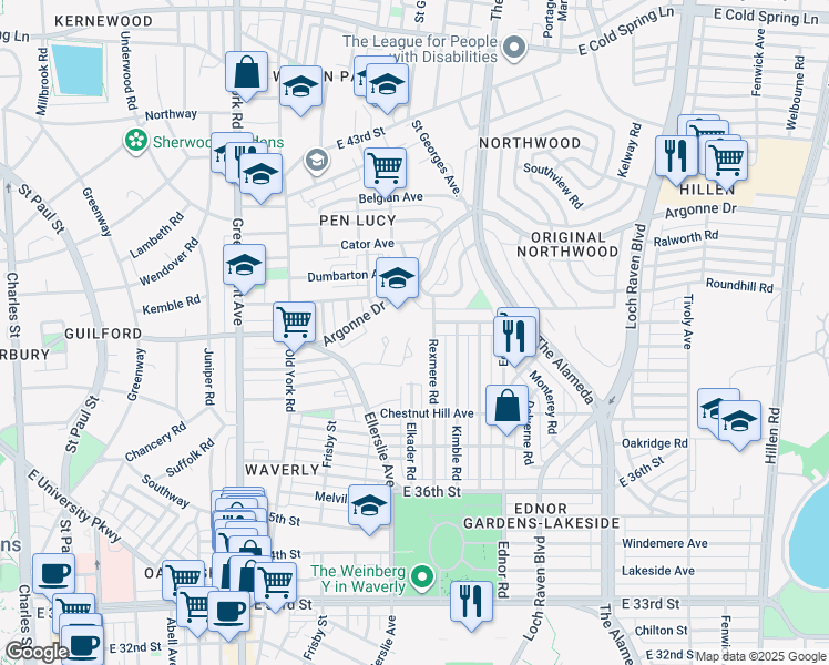 map of restaurants, bars, coffee shops, grocery stores, and more near 3725 Ellerslie Avenue in Baltimore