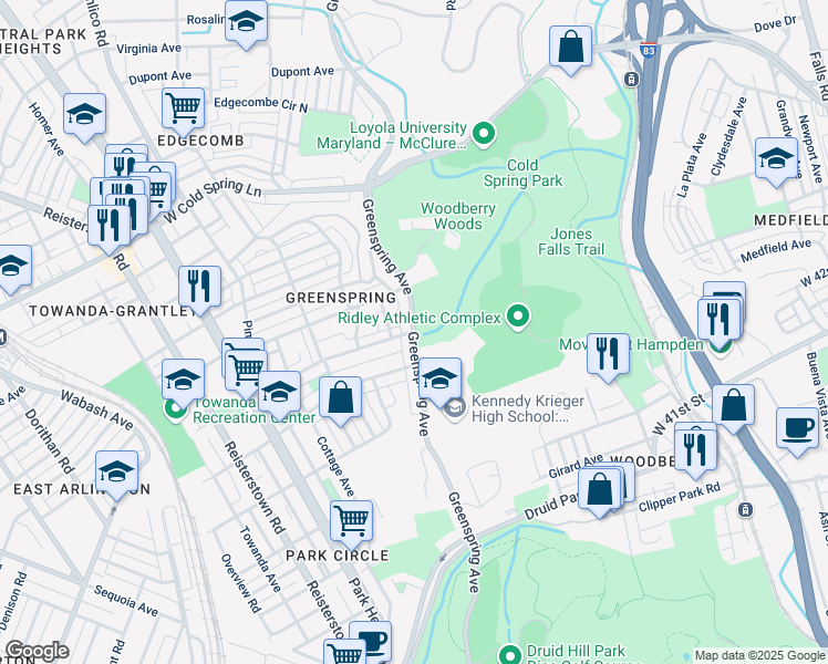 map of restaurants, bars, coffee shops, grocery stores, and more near Greenspring Avenue & Shirley Avenue in Baltimore