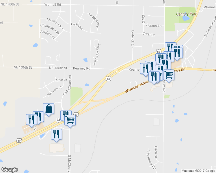 map of restaurants, bars, coffee shops, grocery stores, and more near 2000 West Jesse James Road in Excelsior Springs