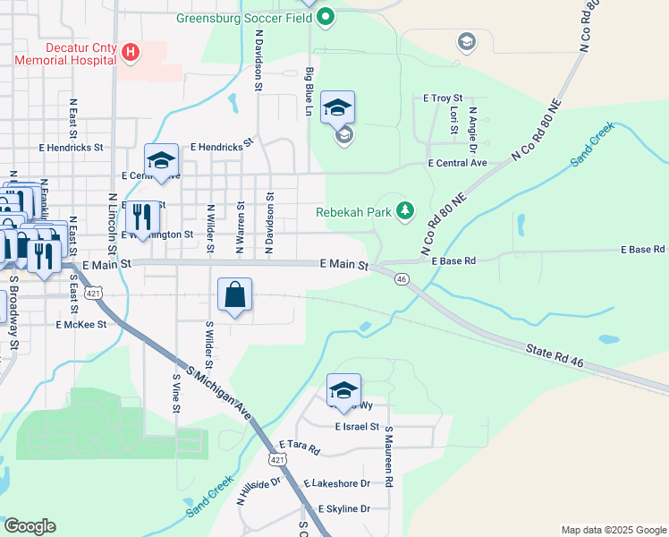 map of restaurants, bars, coffee shops, grocery stores, and more near 1015 East Main Street in Greensburg