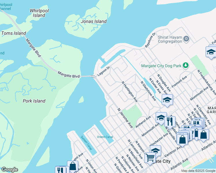 map of restaurants, bars, coffee shops, grocery stores, and more near 703 North Jerome Avenue in Margate City