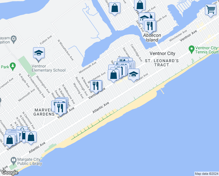 map of restaurants, bars, coffee shops, grocery stores, and more near 5 South Richards Avenue in Ventnor City