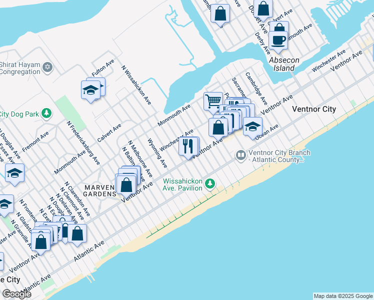 map of restaurants, bars, coffee shops, grocery stores, and more near 6809 Ventnor Avenue in Ventnor City