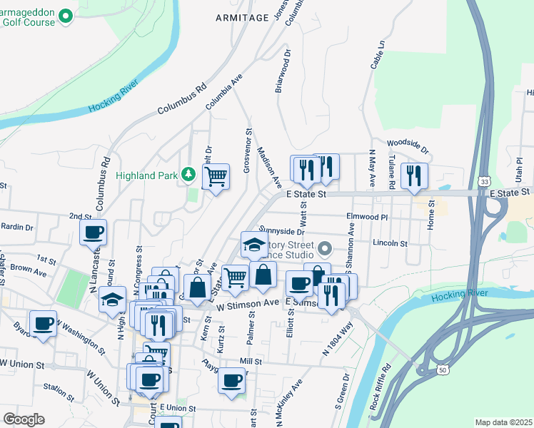 map of restaurants, bars, coffee shops, grocery stores, and more near 221E East State Street in Athens