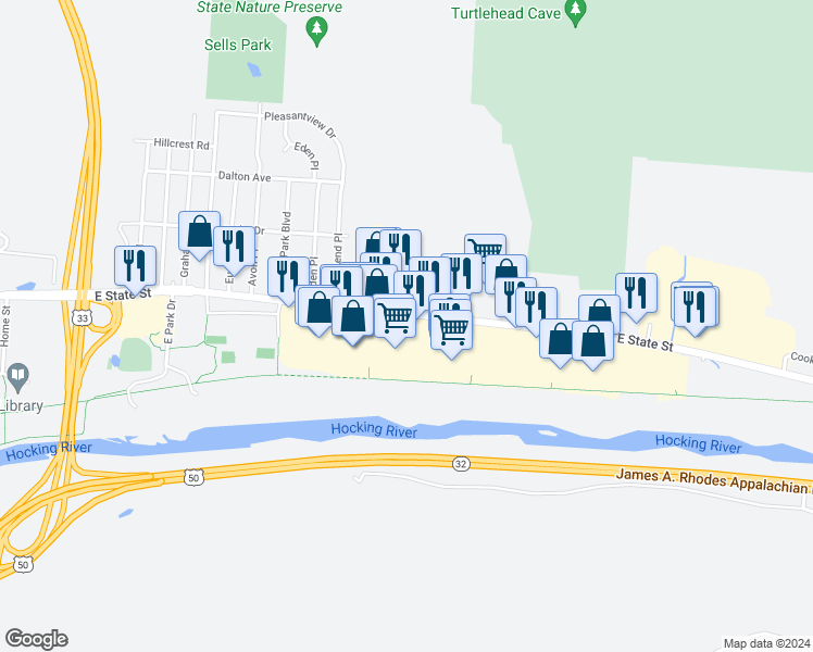 map of restaurants, bars, coffee shops, grocery stores, and more near 919 East State Street in Athens