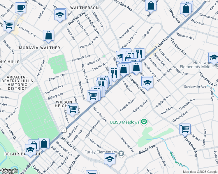 map of restaurants, bars, coffee shops, grocery stores, and more near 5108 Belair Road in Baltimore