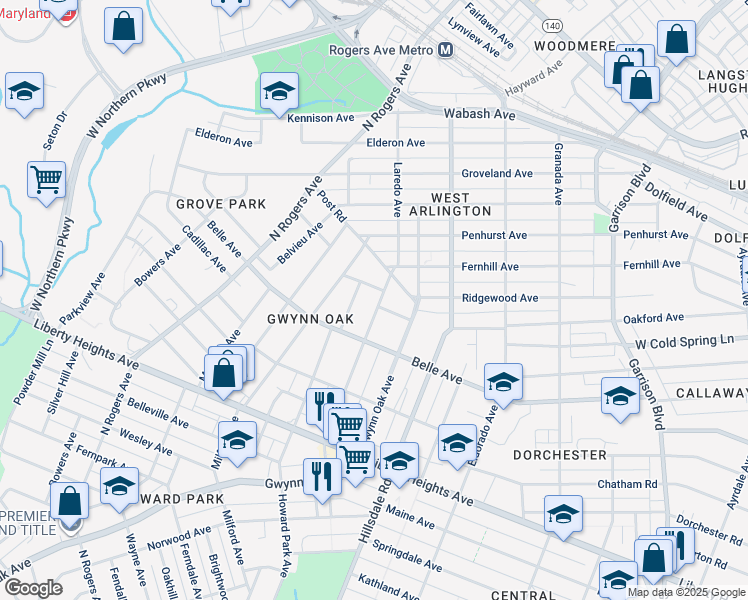 map of restaurants, bars, coffee shops, grocery stores, and more near 3818 Woodbine Avenue in Baltimore