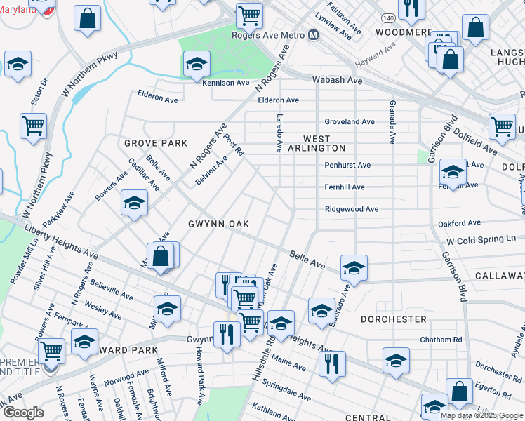 map of restaurants, bars, coffee shops, grocery stores, and more near 3818 Woodbine Avenue in Baltimore