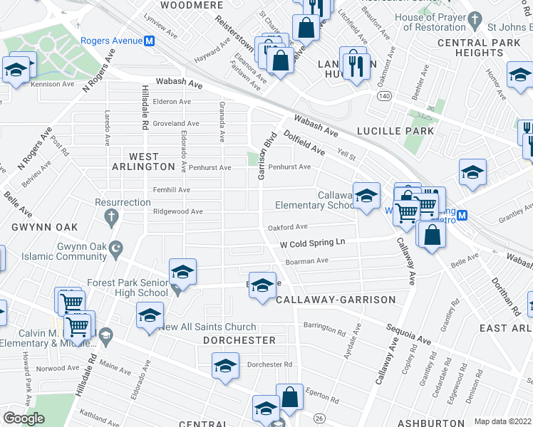 map of restaurants, bars, coffee shops, grocery stores, and more near 4321 Garrison Boulevard in Baltimore