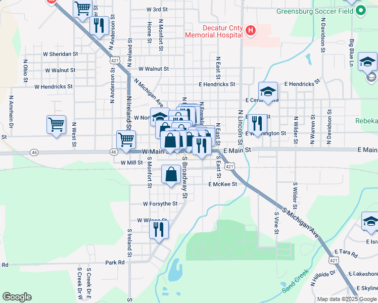 map of restaurants, bars, coffee shops, grocery stores, and more near 119 E Main St in Greensburg