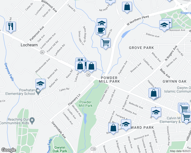 map of restaurants, bars, coffee shops, grocery stores, and more near 3912 Liberty Road in Lochearn