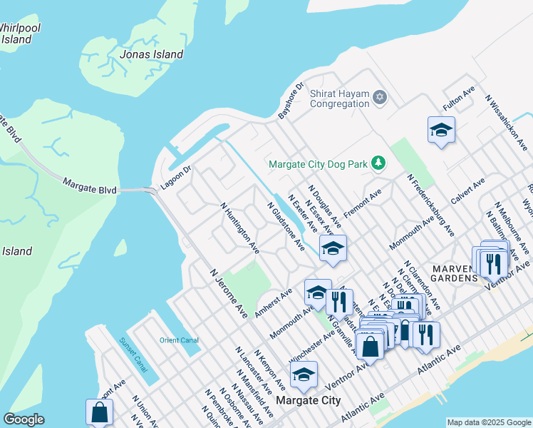 map of restaurants, bars, coffee shops, grocery stores, and more near 17 West Gilmar Circle in Margate City