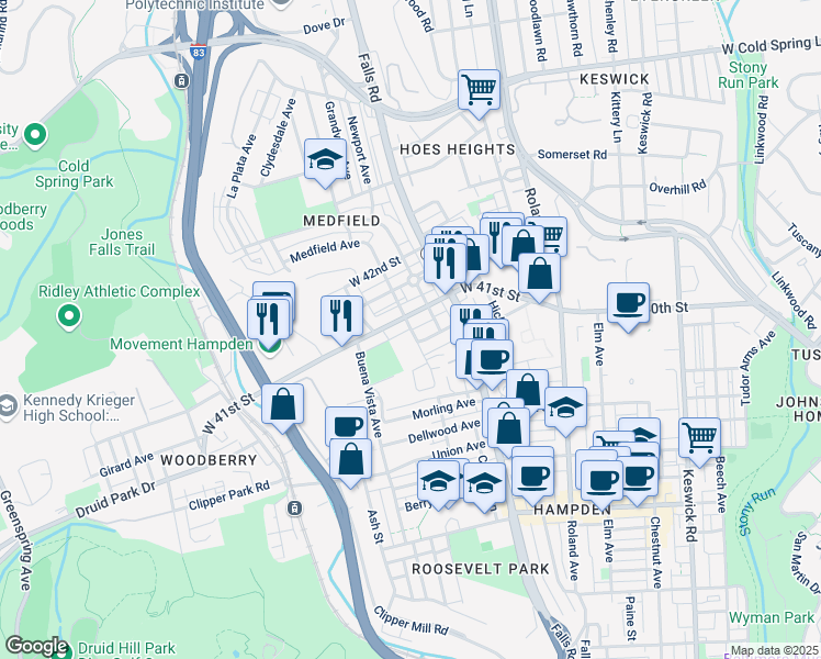 map of restaurants, bars, coffee shops, grocery stores, and more near 3980 Edgehill Avenue in Baltimore