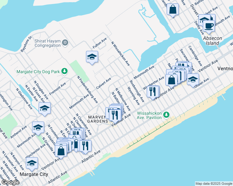 map of restaurants, bars, coffee shops, grocery stores, and more near 104 North Melbourne Avenue in Ventnor City