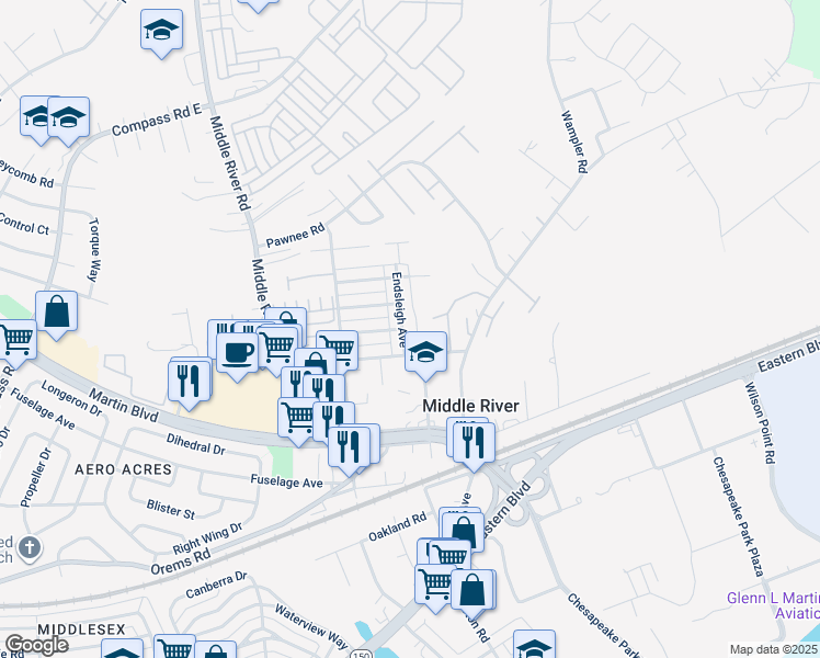 map of restaurants, bars, coffee shops, grocery stores, and more near 1554-1588 Dornton Avenue in Middle River