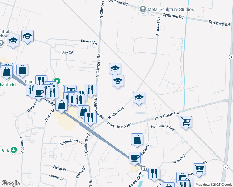 map of restaurants, bars, coffee shops, grocery stores, and more near 8800 Holden Boulevard in Fairfield