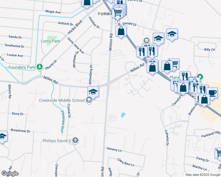map of restaurants, bars, coffee shops, grocery stores, and more near 1151 Nilles Road in Fairfield