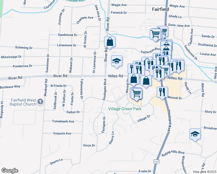 map of restaurants, bars, coffee shops, grocery stores, and more near 5270 Southgate Boulevard in Fairfield