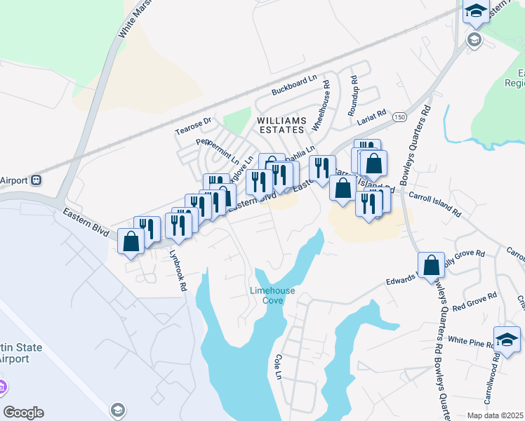 map of restaurants, bars, coffee shops, grocery stores, and more near 3228 Miller Avenue in Middle River
