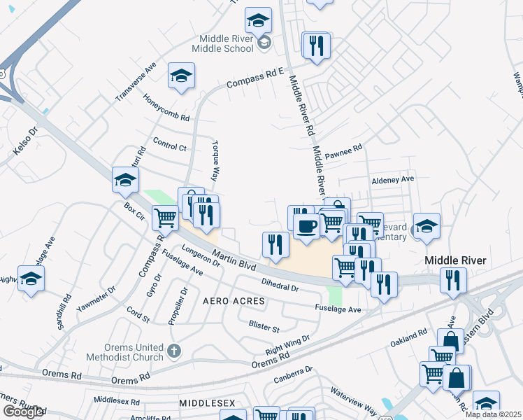 map of restaurants, bars, coffee shops, grocery stores, and more near 1300 Windlass Drive in Middle River