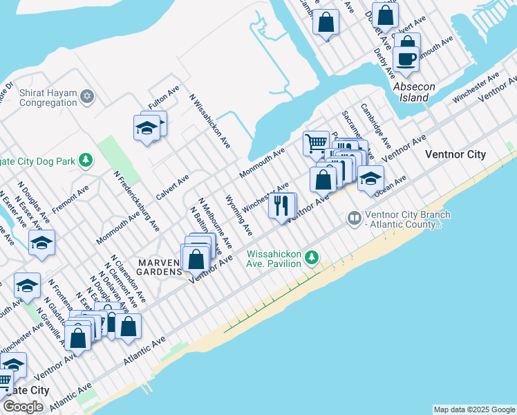 map of restaurants, bars, coffee shops, grocery stores, and more near 9 North Rosborough Avenue in Ventnor City