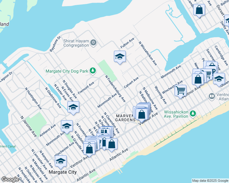 map of restaurants, bars, coffee shops, grocery stores, and more near 202 North Fredericksburg Avenue in Margate City