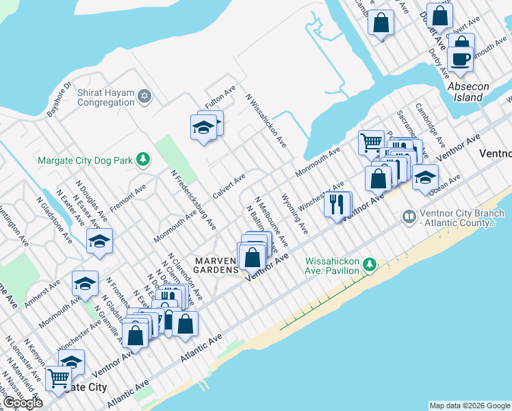 map of restaurants, bars, coffee shops, grocery stores, and more near 104 North Melbourne Avenue in Ventnor City