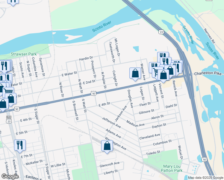 map of restaurants, bars, coffee shops, grocery stores, and more near 841 East Main Street in Chillicothe