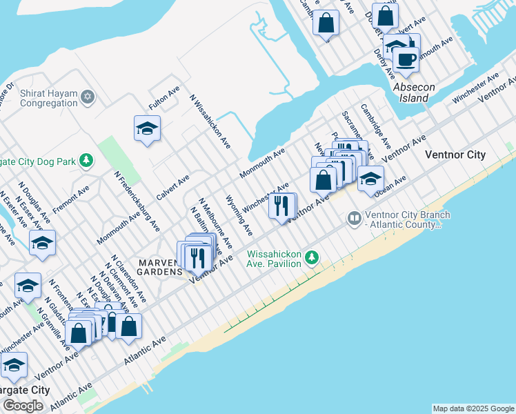 map of restaurants, bars, coffee shops, grocery stores, and more near 9 North Rosborough Avenue in Ventnor City
