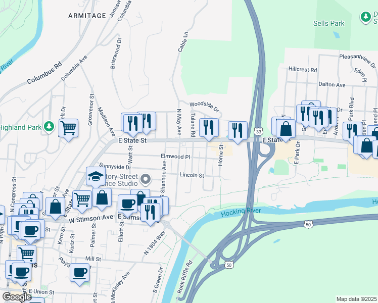 map of restaurants, bars, coffee shops, grocery stores, and more near 45 Hudson Avenue in Athens