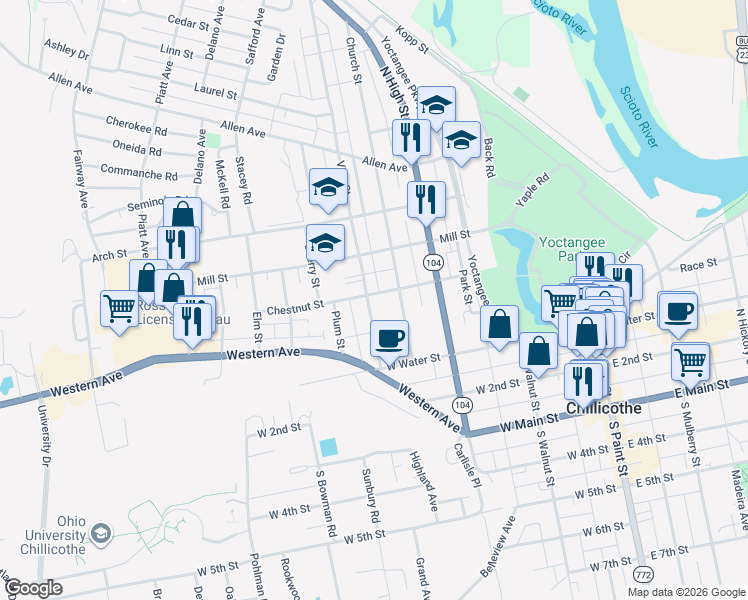 map of restaurants, bars, coffee shops, grocery stores, and more near 167 Vine Street in Chillicothe