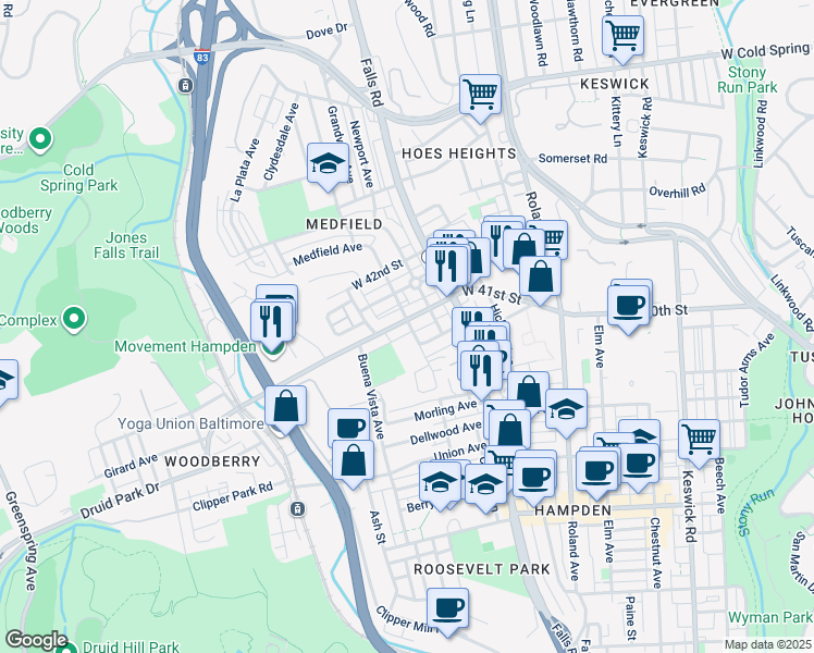 map of restaurants, bars, coffee shops, grocery stores, and more near 1331 West 41st Street in Baltimore
