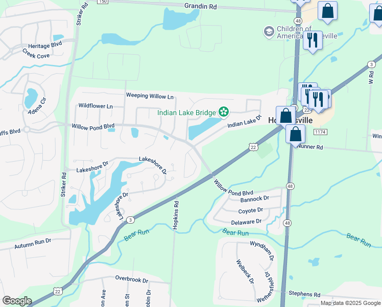 map of restaurants, bars, coffee shops, grocery stores, and more near 493 Willow Pond Boulevard in Maineville