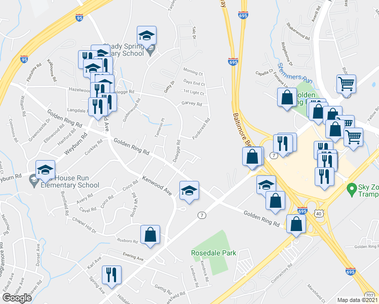 map of restaurants, bars, coffee shops, grocery stores, and more near 6711 Havenoak Road in Rosedale
