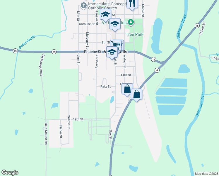 map of restaurants, bars, coffee shops, grocery stores, and more near 605 Ratz Street in Valley Falls