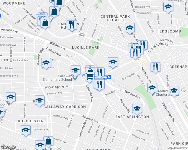 map of restaurants, bars, coffee shops, grocery stores, and more near Oakford Avenue in Baltimore