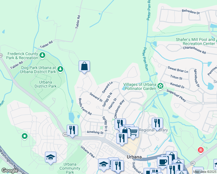 map of restaurants, bars, coffee shops, grocery stores, and more near 3717 Seward Lane in Frederick